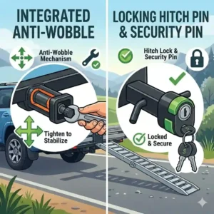 An integrated anti-wobble system and locking hitch pin on a hitch bike rack with ramp under $800.