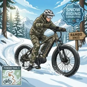 Colorful illustration of a rider tackling deep snow on a Rambo bikes fat tire electric bike.