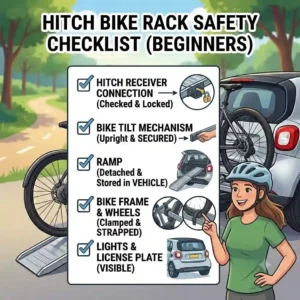 An illustrative safety checklist guide for a hitch bike rack with ramp for beginners.