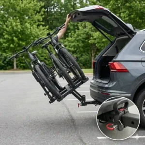 A hitch bike rack with ramp under $1000 tilted down for rear trunk access.