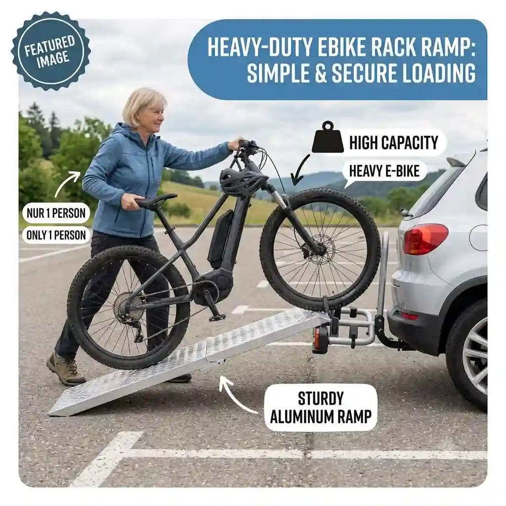 A heavy-duty ebike rack ramp is used to load an electric bicycle onto a car carrier.