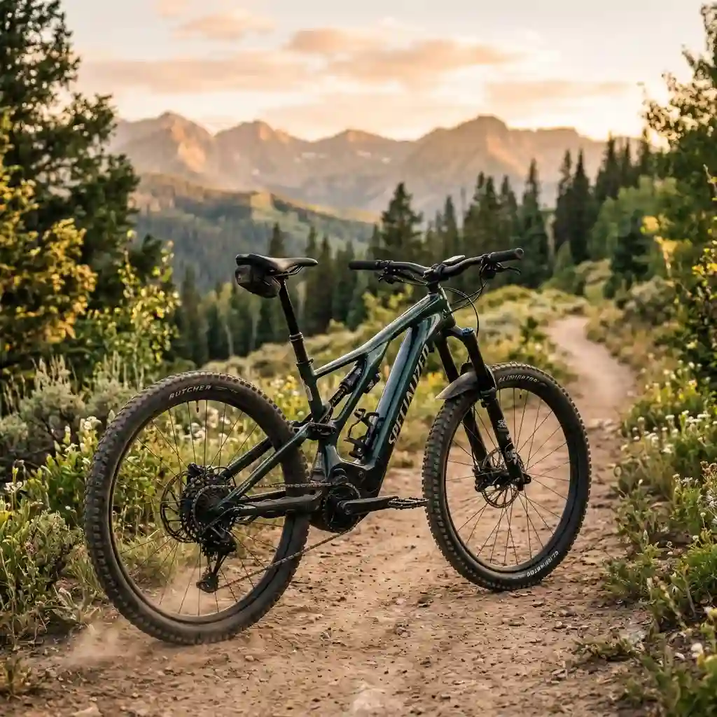 "A premium specialised ebike parked on a scenic dirt trail during sunset, showcasing its sleek frame and integrated battery."