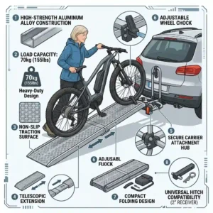 Labeled diagram illustrating the features of an ebike rack ramp.