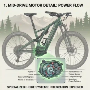 "An illustrated diagram of a high-performance mid-drive motor on a specialised ebike, highlighting power transfer and motor placement."