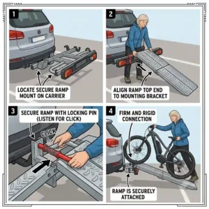 Attaching an ebike rack ramp to a hitch carrier.