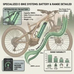 "Graphic illustration demonstrating the battery range, charging times, and capacity of a modern specialised ebike."