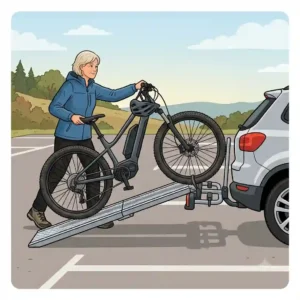 Illustration showing how an ebike rack ramp folds for storage inside a car.