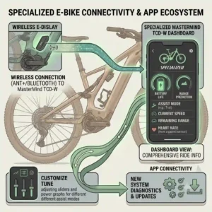 "Vector illustration of a specialized ebike digital display syncing seamlessly with a smartphone fitness app."