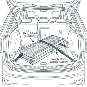 Illustration showing how an ebike rack ramp folds for storage inside a car.
