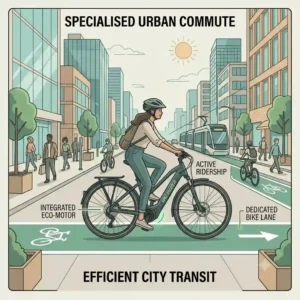 "Flat design illustration of a rider commuting through a busy city street on a step-through specialised ebike."