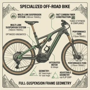 "Technical illustration detailing the full-suspension system and carbon frame geometry of an off-road specialised ebike."