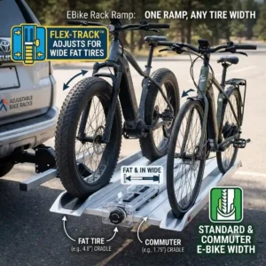 Illustration showing an ebike rack ramp adapting to fit fat tire and commuter ebikes.