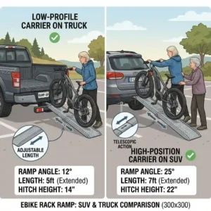 Comparison illustration of an ebike rack ramp used on an SUV versus a truck.