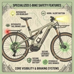 "Infographic style illustration pointing out safety features on a specialised ebike, including hydraulic disc brakes and integrated LED headlights."