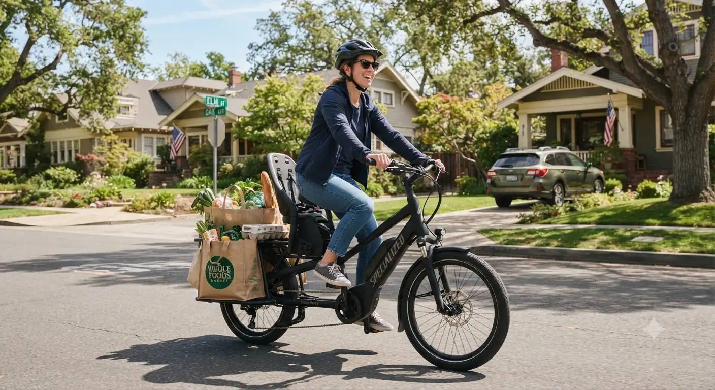 A specialized electric cargo bike loaded with grocery bags on a sunny suburban street in the US.